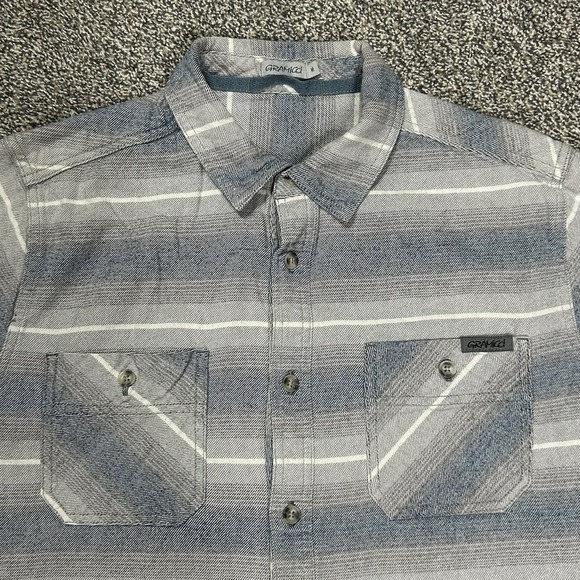 Gramicci Button Up Shirt Men Medium Gray Blue Striped Outdoor Skater Long Sleeve - Picture 1 of 10